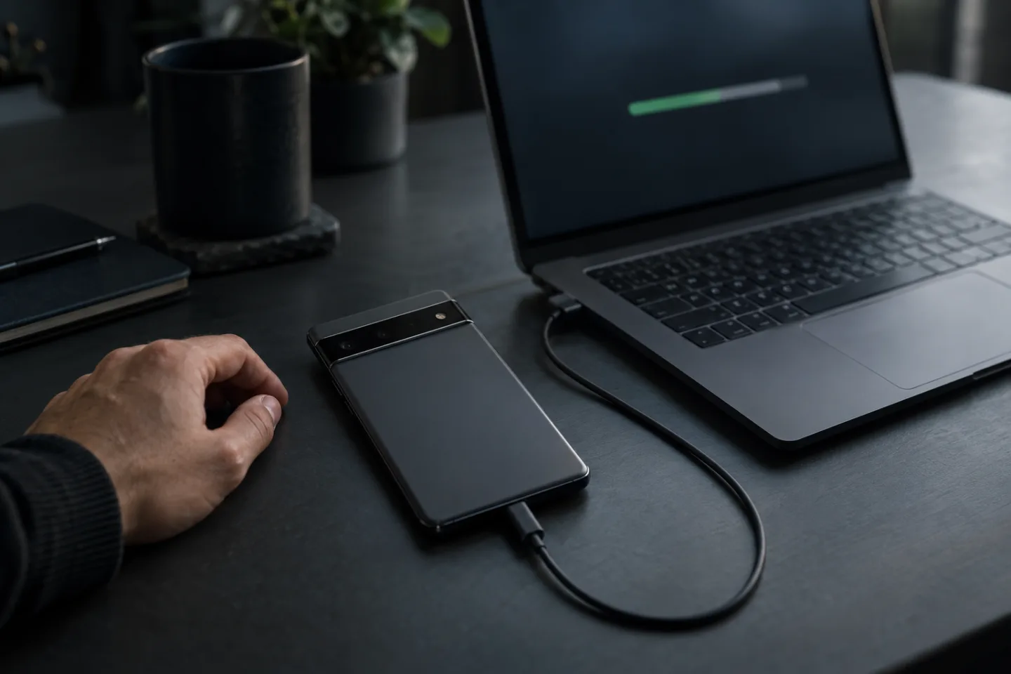 Móvil conectado por cable USB-C a un portátil durante la instalación del sistema