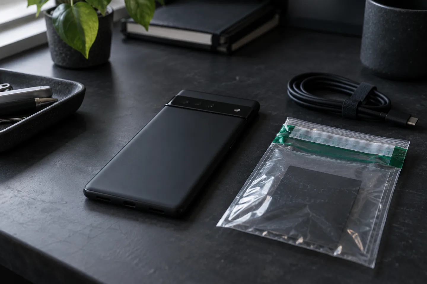 Smartphone sobre una mesa oscura junto a una bolsa de seguridad con precinto numerado
