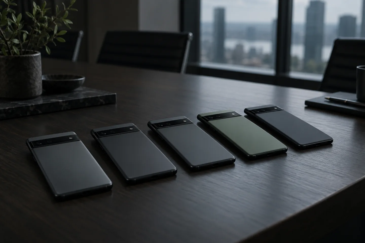 Varios móviles alineados sobre una mesa de reuniones
