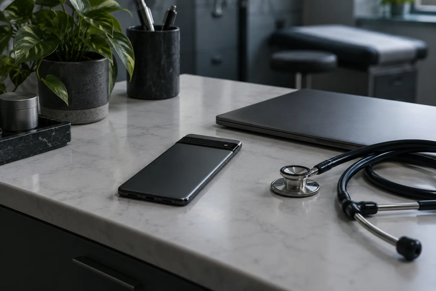 Móvil sobre la mesa de una consulta, junto a un fonendoscopio