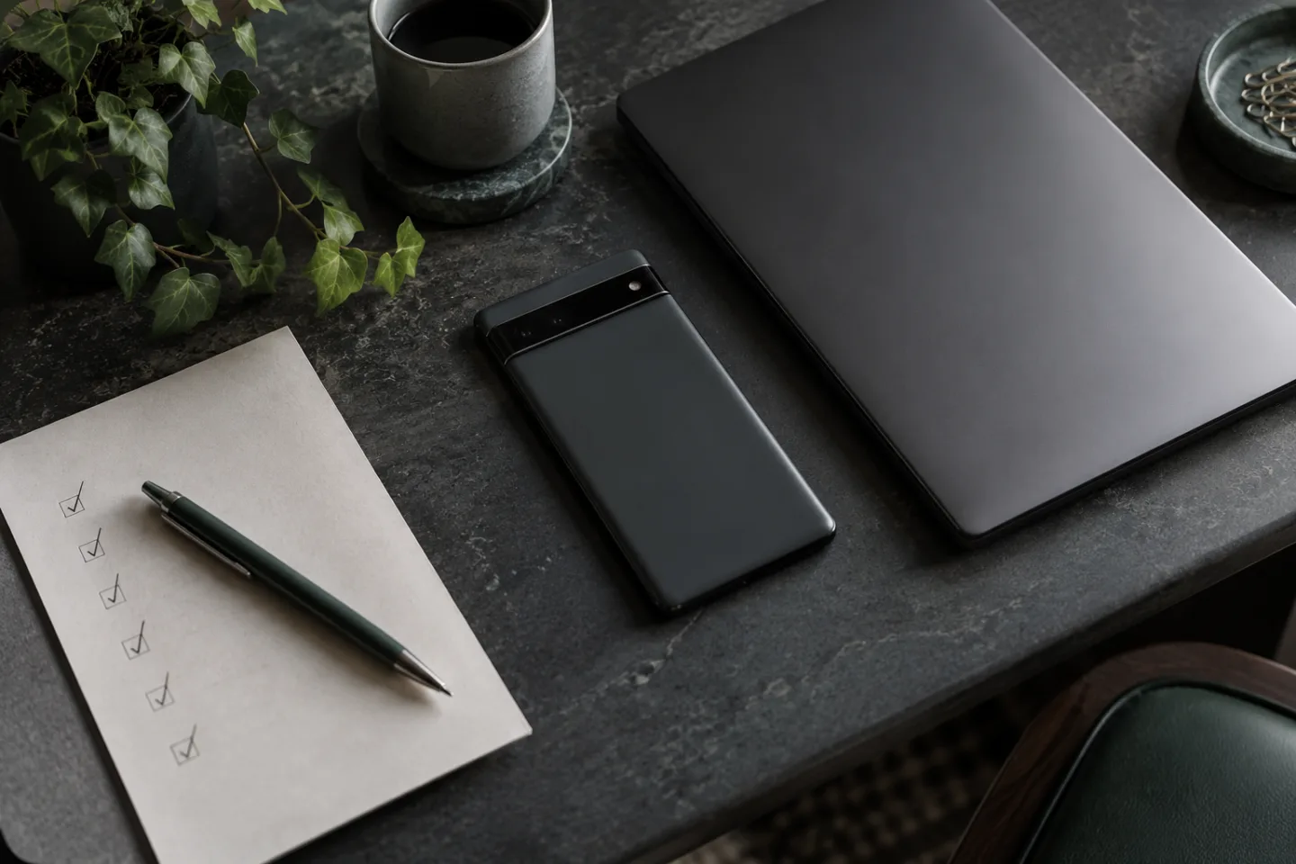 Móvil, portátil cerrado y una lista de comprobación en papel sobre un escritorio